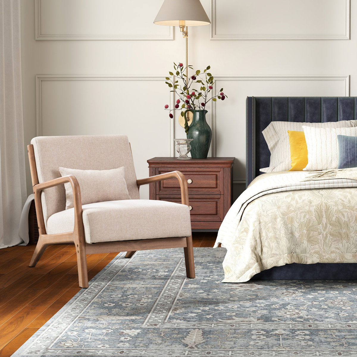 Hertford 26" Wide Mid Century Upholstered Solid Wood Accent Chair with an Extra Pillow